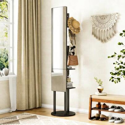 Wardrobe With Full-Length Mirror And Storage, 360° Rotating Multi-Function Clothes Rack, Full-Length Mirror For Bedroom, Wardrobe With Hooks, 174*40 Cm