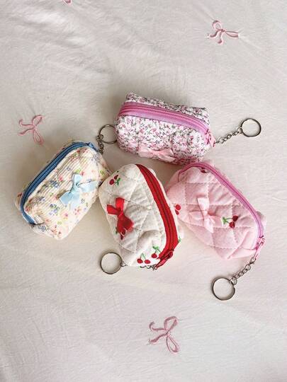 Cute Mini Cosmetic Pouch, Can Hold Lipstick & Small Items, Printed With Girly Pattern, Palm-Sized Adorable Mini Bag With Keychain, Pocket-Sized Lipstick Holder Suitable For Girls