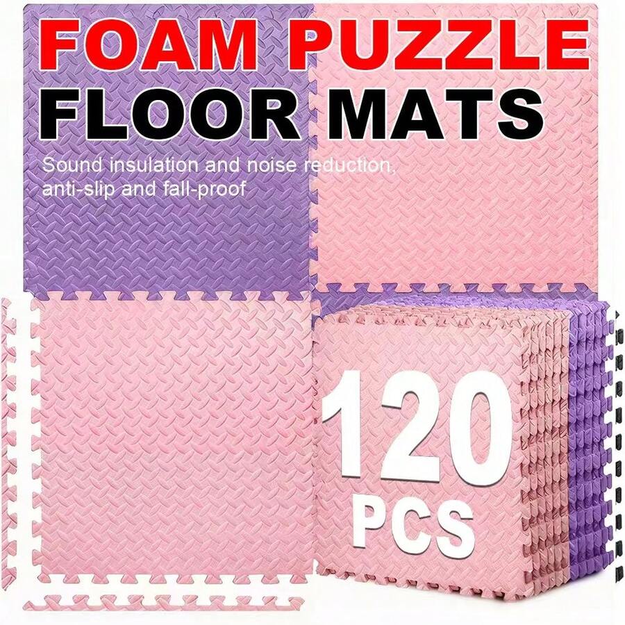 120-Piece Set Of Interlocking EVA Foam Mats, Purple-Pink Puzzle Design, Suitable For Home Gyms, Yoga Studios, Tatami Rooms And Treadmills – Durable, Shock-Absorbing And Non-Slip Mats – Easy Installation – Soft Protection – Ideal For Home Workouts – Puzzle Mats - Hồng Tím - Xem 1