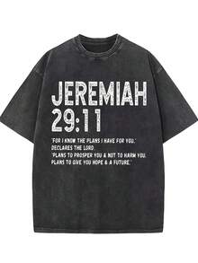 EWH Men'S Heavyweight 230gsm Vintage Washed Distressed T-Shirt With Jeremiah 29:11 Bible Verse Print - Relaxed Fit Christian Faith Apparel, Casual Casual Attire, All-Season Comfort, Inspirational Scripture Tee For Men 004-A - 黑色 - 查看 1