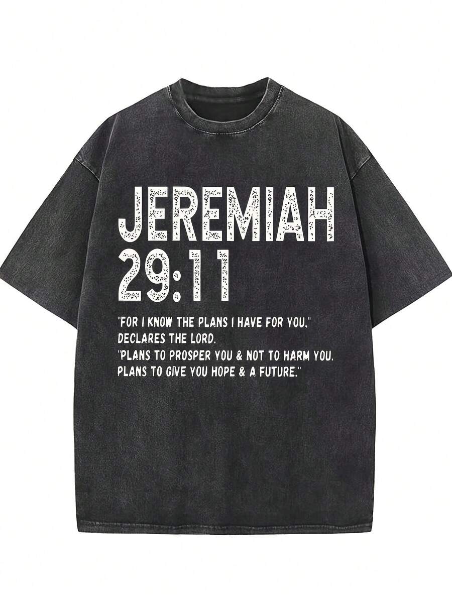 EWH Men'S Heavyweight 230gsm Vintage Washed Distressed T-Shirt With Jeremiah 29:11 Bible Verse Print - Relaxed Fit Christian Faith Apparel, Casual Casual Attire, All-Season Comfort, Inspirational Scripture Tee For Men 004-A - 黑色 - 查看 1