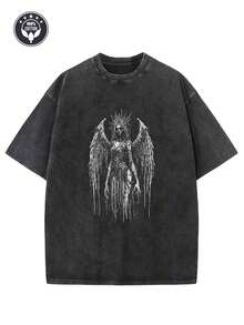 Graphic Cotton-Shirt Washed-Shirt Men's And Neutral Heavy 230g Cotton Retro Gothic Fallen Angels-Shirt-Greek Pattern And Female Back Print, Relaxed And Casual Street Style, Men's God-Shirt,-Shirt, Mysterious Shirt, Satan Shirt, Mysterious-Shirt, Men's Patterned Shirt. Y2K,Oversize Plus Size Men's S To 3XL,Summer Tee - 黑色 - 查看 1
