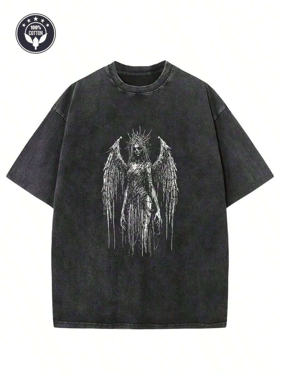Graphic Cotton-Shirt Washed-Shirt Men's And Neutral Heavy 230g Cotton Retro Gothic Fallen Angels-Shirt-Greek Pattern And Female Back Print, Relaxed And Casual Street Style, Men's God-Shirt,-Shirt, Mysterious Shirt, Satan Shirt, Mysterious-Shirt, Men's Patterned Shirt. Y2K,Oversize Plus Size Men's S To 3XL,Summer Tee - 黑色 - 查看 1