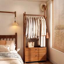LIVINGANDHOME Multi-Functional Bamboo Wooden Freestanding Coat Rack With Branch Hooks & 2 Storage Cabinets, Brown/Natural Bamboo MDF Hall Tree Entryway Organizer - Brown - View 7