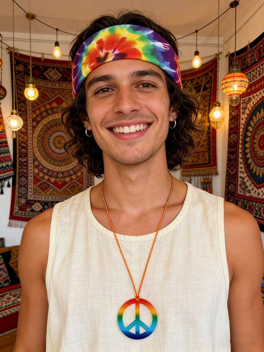 一套嬉皮士配饰套装，70年代扎染豹纹服装，嬉皮士套装，角色扮演，节日服装道具（头带，项链） - 彩色 - 查看 1