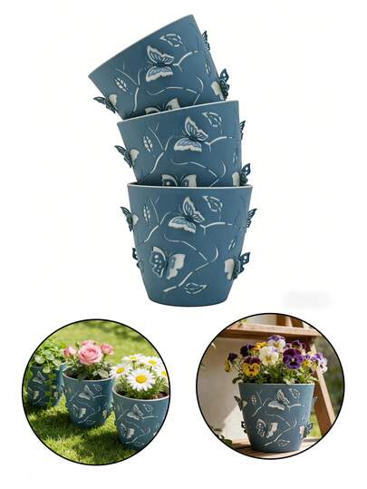 两只双层花盆，蝴蝶图案，多色昆虫设计，底部有排水孔。适用于室内/室外装饰、花园装饰、盆栽花卉、庭院花卉装饰、春夏花卉装饰。