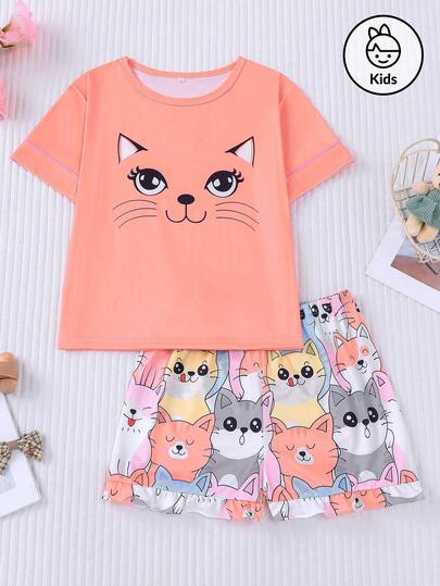 2件套卡通猫咪印花短袖睡衣套装，圆领T恤搭配松紧腰短裤，舒适休闲家居服，儿童青少年夏季礼品套装