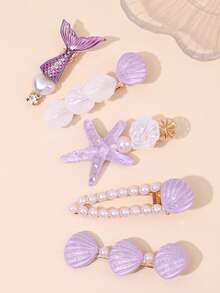 5PCS Shell Hair Clips For Girls Shiny Starfish Alligator Clips Faux Pearl Decor Hair Barrettes With Mermaid Tail For Spring&Summer Holiday Vacation Outfits Nature Headdress Teens Hair Accessories - Multicolor - View 9