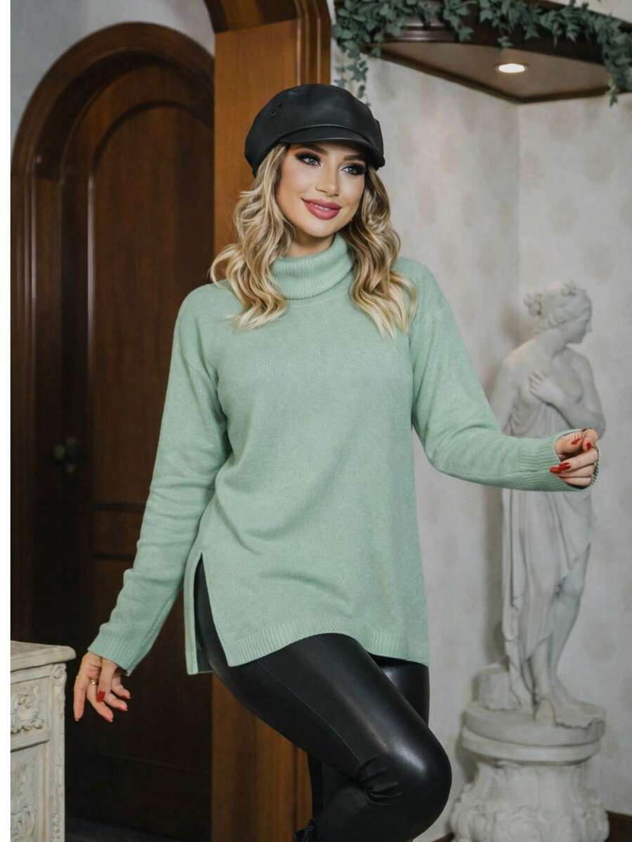 Women's High Neck Knit Blouse, Winter Stripes, Casual Fashion, Striped, Color Block, Shiny, Knitted, Home, Night, Holiday, Winter - 薄荷綠順滑 - 查看 1