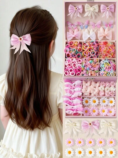 595pcs/Set Soft Pink Princess Style Girls Hair Accessories Set: Satin Bow Knot, Mesh Butterfly & Fabric Rabbit Ear Hair Clips, Paired With Elastic Nylon Hair Ties And Fabric Daisy Hair Decor, Sweet & Cute, Suitable For Daily Styling, Photo Shoots, Parties, Gifts (No Box/Bag)