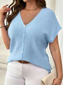 Plus Size Deep V-Neck Knit Top, Semi-Sheer Drop Shoulder Design, Regular Length, Slightly Stretchy Summer - Baby Blue - View 4