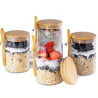 [1/2/4 Pcs Glass Oatmeal Jars] 1/2/4 Pcs 16oz Large Capacity Glass Overnight Oats Jars With Lids, Meal Prep Containers For Storing Oats, Coffee Beans, Yogurt