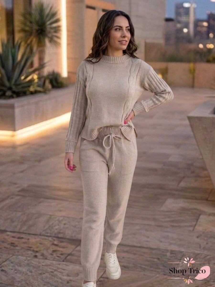 Women's Knit Set: Long-Sleeved Blouse And Pants With Tie Detail - Winter Fashion - 沙 - 查看 1