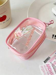 Portable Mini Transparent Zipper Storage Bag, Compact Multifunctional Storage Bag, Headphone Charger Storage Cassette Keychain, Transparent Travel Accessories, Exquisite And Compact, Suitable For Storing Small Items, Data Cable Storage Bag, Bracelet Storage Bag, Makeup Bag, Sparkling Pink Flower Letter A To Z Pattern (Zipper Style And Color Random) - Multicolor - View 4