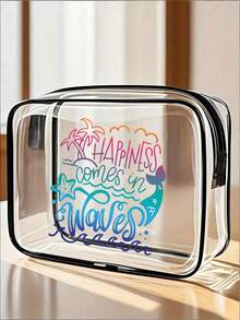 贝壳沙滩夏季字母图案多功能透明防水PVC包，旅行化妆包，旅行洗漱包，旅行洗漱包，主题沙滩包，男女通用，迎接夏天，商务旅行，浴室用品，旅行必备，邮轮必备，女士派对装扮（拉链款式随机） - 黑與白 - 查看 15