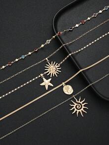 5件套时尚简约优雅波西米亚风彩色水晶太阳星星花朵硬币金色项链套装，Y型多层链，适合女性度假、派对、舞会、海滩、节日、生日、日常佩戴 - 金黃色 - 查看 8