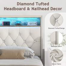 LED Bed Frame With Storage Shelf Headboard, Velvet Upholstered Bed Frame With Charging Station, Modern Bed Frame With Diamond Tufted Headboard, No Box Spring Needed, White/ Black, Full/ Queen/ King  (USB LED Strip) - 白色 - 查看 3