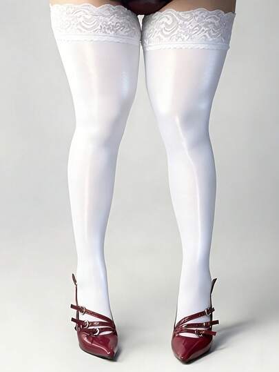 1 Pair Plus Size Women's White Lace Trim Glossy Thigh High Socks, Sexy Non-Slip Silicone Stockings, Fashion Versatile For Daily Wear