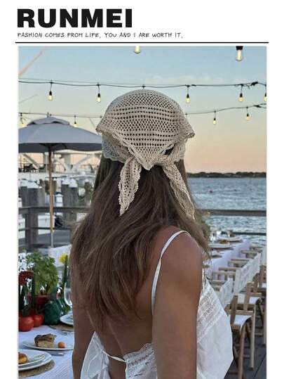1 pieza Pañuelo bohemio vintage de mujer con diseño triangular, pañuelo de cabeza de encaje tejido, accesorio para el cabello de protección solar ligero, lindo cubridor de playa de verano, versátil para el cuello y chal, adecuado para todas las estaciones.