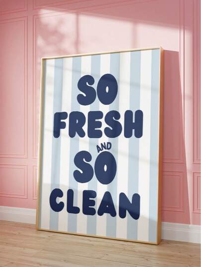 1幅无框“清新洁净”浴室语录艺术印刷品，海军蓝文字印于浅蓝色条纹背景上，简约复古海报，适用于公寓、客厅、卧室、宿舍、返校季、趣味海报、房间装饰、礼品