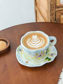 Bộ tách và đĩa sứ kiểu Ins Style họa tiết hoa tươi tắn, bộ tách và đĩa sứ vẽ hoa chuyển màu thủ công, tách cà phê sứ viền lượn sóng bất đối xứng, bộ tách và đĩa sứ trà chiều nữ tính. - Nhiều màu - Xem 5