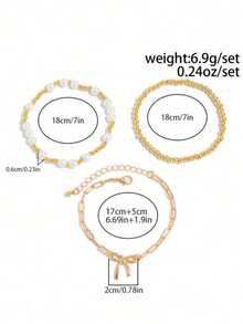 3pcs Fashion Chic Ribbon Bow Bracelets, Elegant Pearl Heart & Star Multilayer Bracelet Set, Suitable For All Occasions, Perfect Gift Choice - Gold - View 3