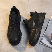 Tenis de hombre de moda casual, zapatos para hombre ligeros y cómodos fabricados en material PU y malla transpirable, tenis para hombre con suela gruesa antideslizante y diseño de cordones, calzado deportivo versátil con amortiguación suave, sneakers resistentes al desgaste de estilo urbano y elegante para caminar con flexibilidad y confort diario. - Negro - Ver 1