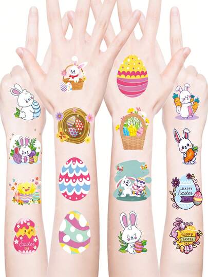 20Pcs Easter-Themed Temporary Tattoo Stickers Featuring Cartoon Bunnies And Easter Egg Designs. Perfect As Festive Gifts Or Decorations, These Waterproof Stickers Last 2-5 Days
