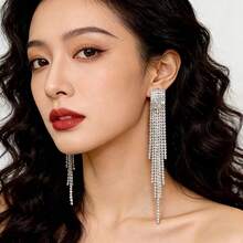 一对欧美经典百搭夸张长款水钻流苏耳环，奢华优雅时尚独特，女士耳环 - 彩色 - 查看 2