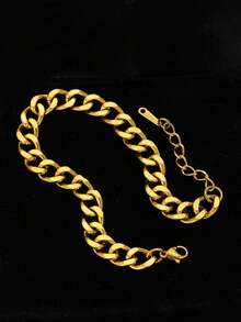 1pc Fashionable Delicate Gold Stainless Steel Chain Bracelet, Street Style Jewelry Accessory, Unisex Hip Hop Decorative Bracelet, Gift Accessory - Gold - View 3