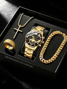 4pcs Fashion Business Leisure Men's Watch, Large Dial Round Gold Steel Strip Quartz Watch, Cross Pendant Necklace Jewelry Set, Suitable For Daily Wear - Gold - View 1