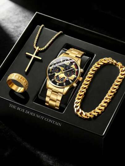 四件套时尚商务休闲男士手表，大表盘圆形镀金钢带石英表，个性化链式手链，十字架吊坠项链，戒指组合首饰套装，适合日常佩戴，也适合节日、商务场合，男士礼物