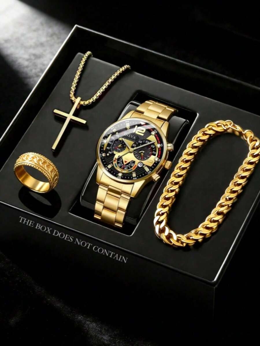 4pcs Fashion Business Leisure Men's Watch, Large Dial Round Gold Steel Strip Quartz Watch, Cross Pendant Necklace Jewelry Set, Suitable For Daily Wear - Gold - View 1