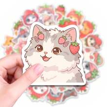 50 PCS Cute Strawberry Cat Stickers, Adorable Kitten Decals For Water Bottles Laptop Phone Case Skateboard Guitar Luggage Computer, Waterproof Vinyl Stickers For Teens Adults Students School Office DIY Crafts Decor, Cute Animal Themed Sticker Packs For Personalizing Belongings And Creative Projects - Multicolor - View 1