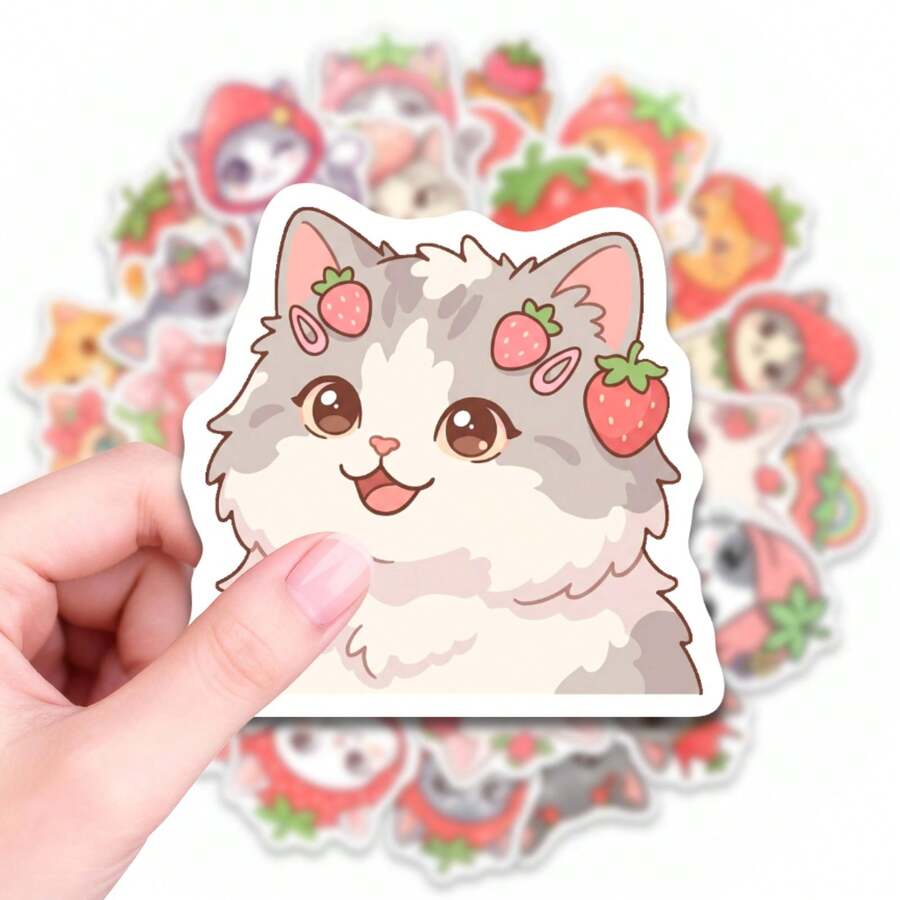 50 PCS Cute Strawberry Cat Stickers, Adorable Kitten Decals For Water Bottles Laptop Phone Case Skateboard Guitar Luggage Computer, Waterproof Vinyl Stickers For Teens Adults Students School Office DIY Crafts Decor, Cute Animal Themed Sticker Packs For Personalizing Belongings And Creative Projects - Multicolor - View 1