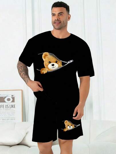 Plus Size Men's Pajama Set | Round Neck Short Sleeve Top And Elastic Waist Casual Shorts, 2 Piece Set | Polyester Knit Fabric, Soft And Breathable, Loose And Comfortable | Cute Zipper Bear Pattern Casual Design