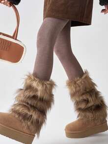 1 Pair Y2K Yellow-Brown Ombre Fuzzy Leg Warmers For Women, Autumn/Winter Warm Fluffy Leg Warmers To Match Snow Boots - Brown - View 1