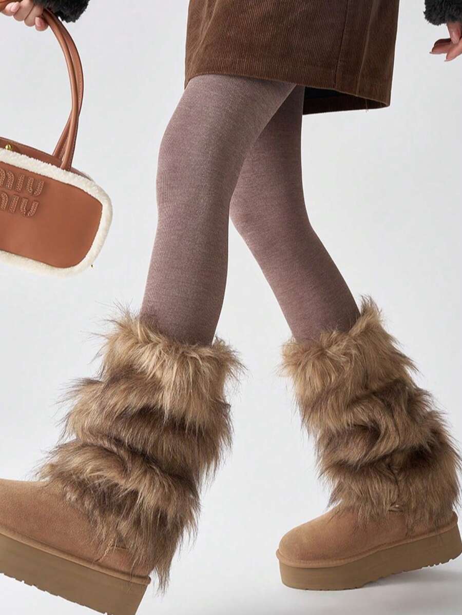 1 Pair Y2K Yellow-Brown Ombre Fuzzy Leg Warmers For Women, Autumn/Winter Warm Fluffy Leg Warmers To Match Snow Boots - Brown - View 1