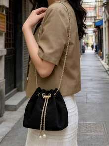 Túi đeo chéo kiểu xô, chất liệu vải nhung kẻ màu trơn, đa năng, phù hợp cho các bữa tiệc và sự kiện. - màu đen - Xem 9