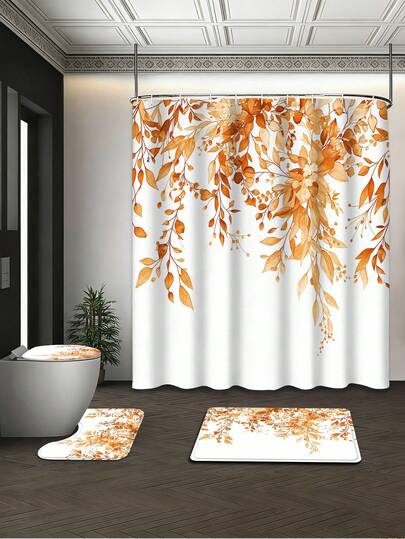 4pcs Tuscany Style Bathroom Set, Includes Shower Curtain, Non-Slip Bath Mat, U-Shaped Toilet Mat And Toilet Lid Cover, Warm Orange Watercolor Floral Pattern, Waterproof Fabric For Home & Hotel Bathroom Decor, Size 72"X72"