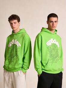 [2-Piece Sports Pants Set]Y2k Hoodies, Men's Hip Hop Spider WebPattern, Graphic Alphabet Print HarajukuVintage Hoodie, Punk Rock Style, LongSleeve Street Wear Top For Both Men AndWomen Oversized Hoodies - 綠*2 - 查看 2