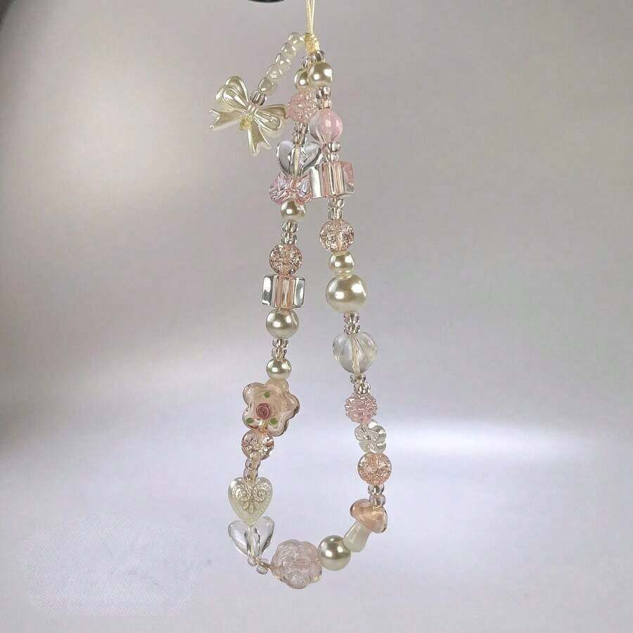 Y2K Style Glass Flower Bead Phone Charm - Suitable For Women And Girls Acrylic Knot Lanyard Keychain, Perfect For AirPods Cases, Camera And Bag Accessories, Phone Straps, Pendants, Camera Accessories, SANSANGO - 粉紅色釉面蝴蝶結花朵手機鏈 - 查看 1