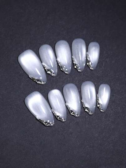 月光亮泽猫眼10片装杏仁形100%纯手工制作按压式美甲贴片，简约法式美甲风格，可重复使用，带闪光水钻装饰，DIY美甲，持久美甲产品