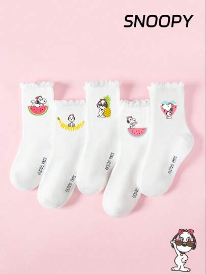  5 đôi tất SNOOPY chính hãng với họa tiết ren hoa thêu, kiểu dáng dễ thương phù hợp với phong cách thời trang ngọt ngào, họa tiết hoạt hình SNOOPY đáng yêu, tất học sinh thoáng khí thời trang thường ngày, thích hợp cho mùa tựu trường, quà tặng ngày lễ.