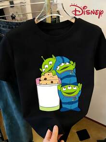 Disney Toy Story Aliens Milk & Cookie Graphic Tee, Cute Foodie Casual T-Shirt - 黑色 - 查看 1