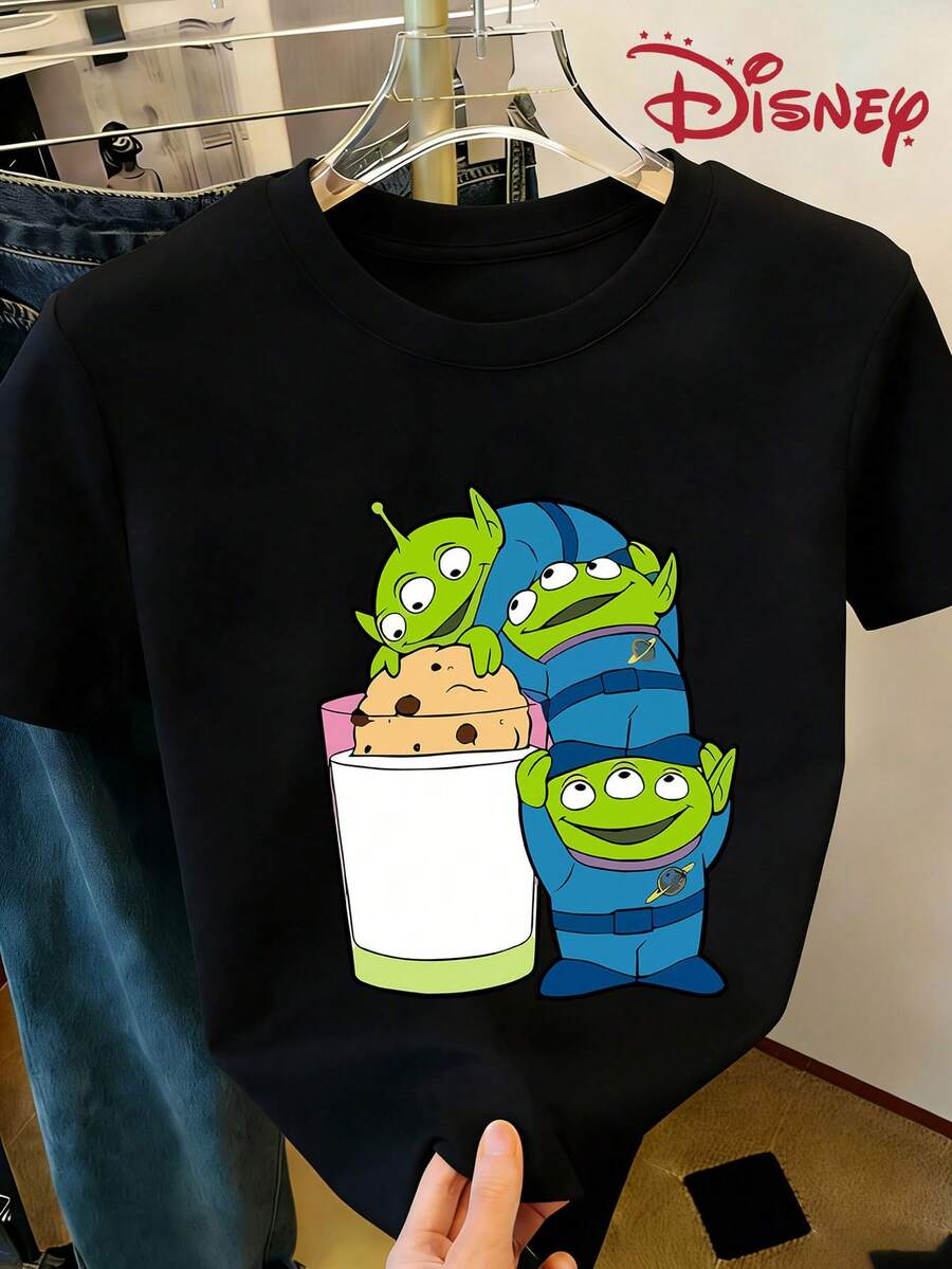 Disney Toy Story Aliens Milk & Cookie Graphic Tee, Cute Foodie Casual T-Shirt - 黑色 - 查看 1