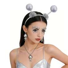 Alien Costume Set Includes Alien Disco Headband, Earrings, Necklace, Face Stickers, Suitable For Space Party, Role Play, Halloween, Music Festival - Silver - View 3