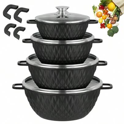 8-Piece Induction Cookware Set 20/24/28/32cm Pots With Lids. Made Of High-Quality Aluminum, It Conducts Heat Quickly And Evenly. The Excellent Non-Stick Coating Ensures Durability. The Set Includes Four Pots With Lids In Sizes 20/24/28/32 Cm. The Elegant Design Gives It A Modern Style.
