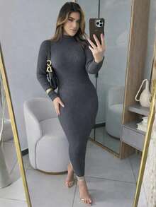 Anastacia Ribbed Long Sleeve High Neck Modal Yarn Dress For Women - Lead Gray - View 1