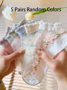 5 双白色女式花卉图案透明袜子，透气轻薄吸湿排汗，适合夏季 - 彩色 - 查看 11